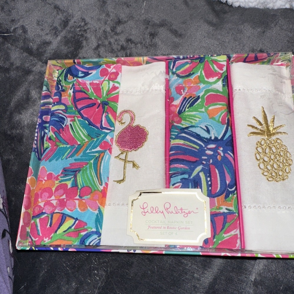 NWT LILLY PULITZER GWP Cocktail Napkin Set Seasalt Blue Fruity Flamingo Set of 4
